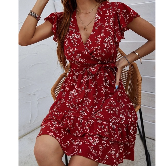 Boho Navy Blue Floral Lace Butterfly Sleeve Belted Mini Dress - Picture 8 of 13